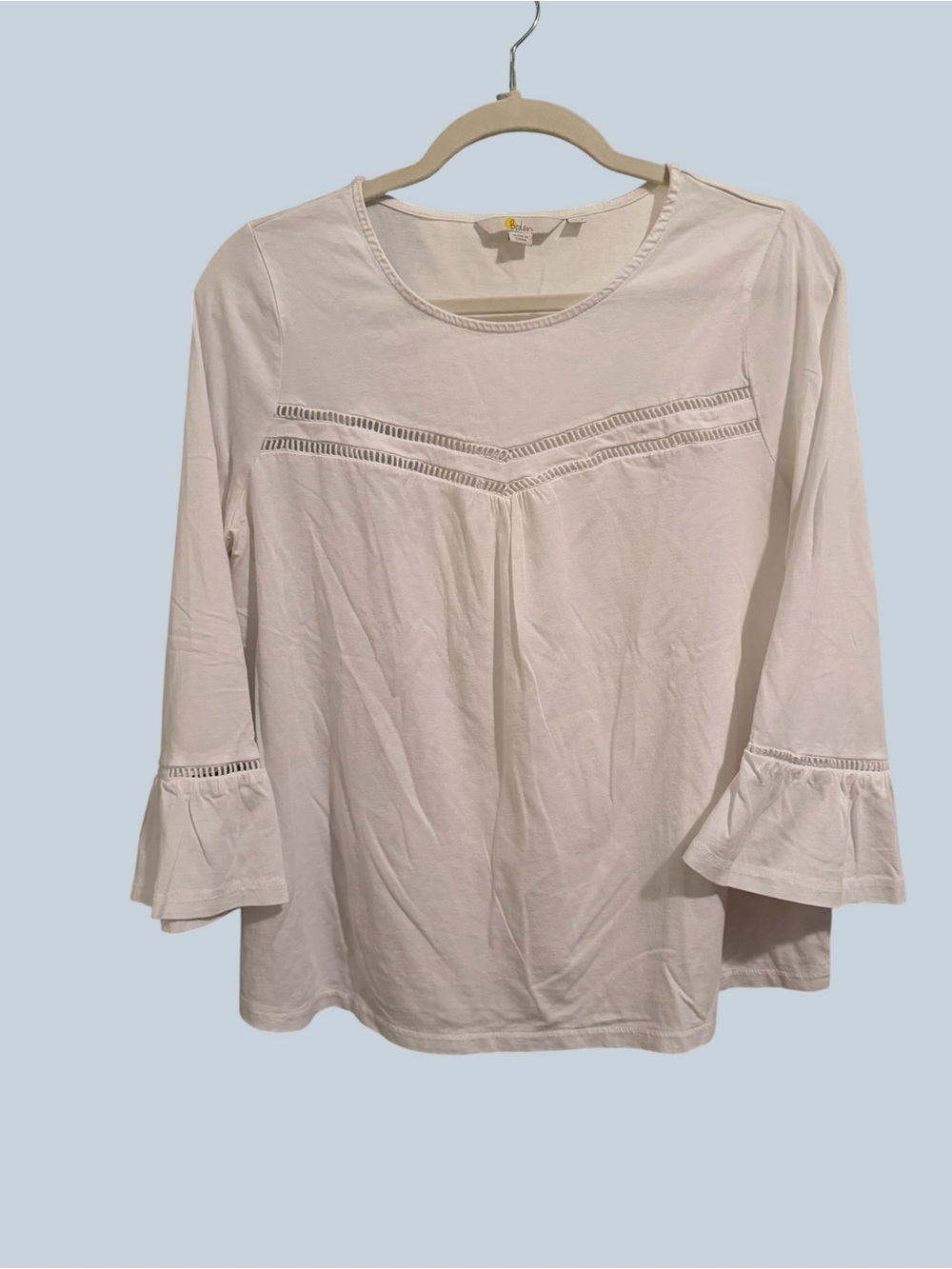 Boden White Eyelet-Trim Long Sleeve Tee W/ Bell Sleeve Boho US size 10